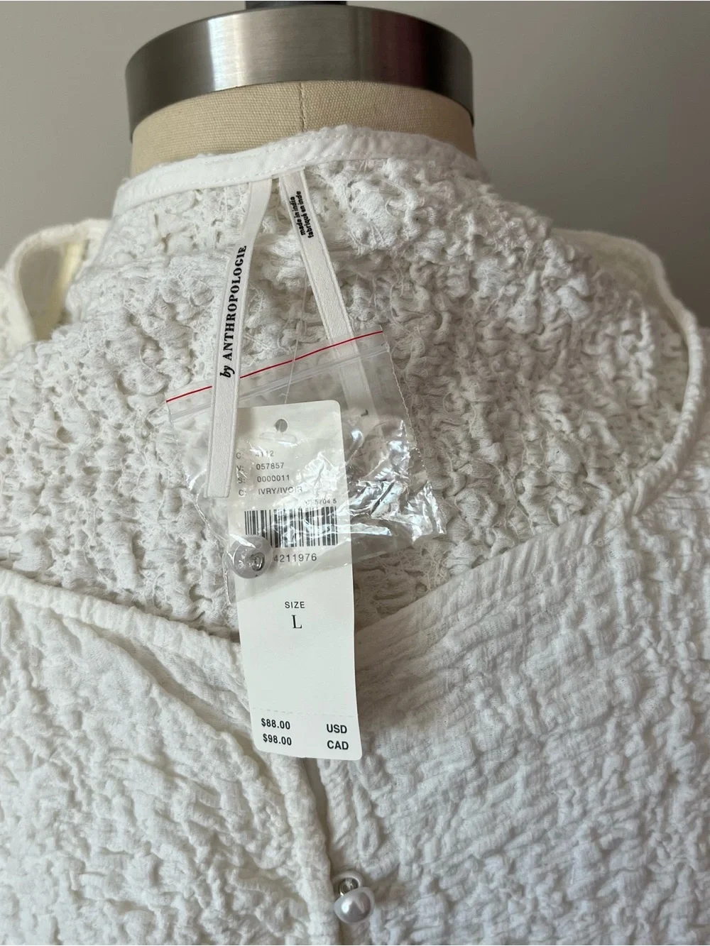 Anthropologie White Puff Sleeve Textured Button-Front Top